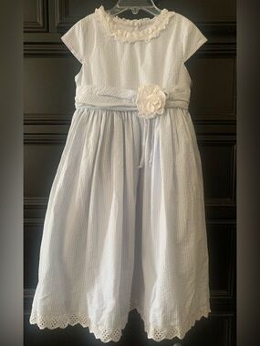 Light Blue and White Girls' Seersucker Dress with Floral Sash
